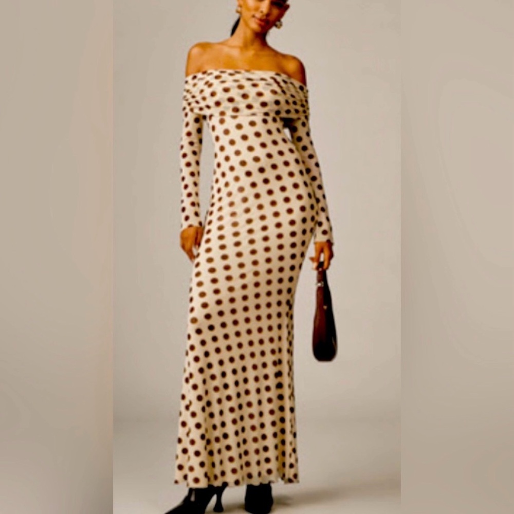 AFRM Anthropologie Cream and Brown Polka Dot Long Sleeve Dress